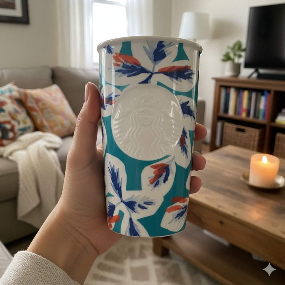 STARBUCKS floral blue and pink ceramic pink lid cup hot drink 12oz